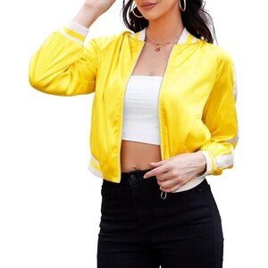 Women Bomber Jacket Lightweight Cropped Zip Up Casual Outerwear Pockets